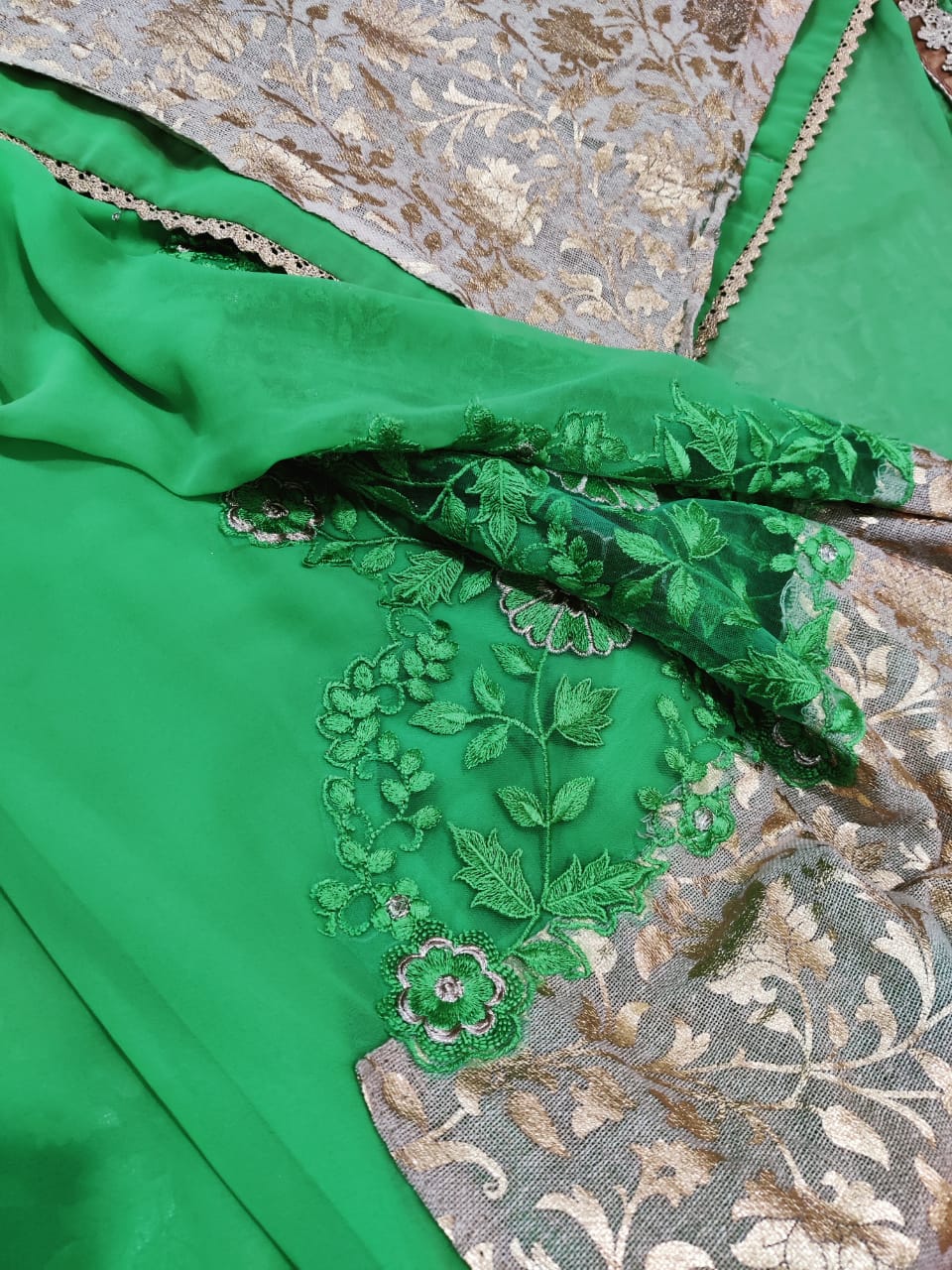Green Colored Party Wear Embroidered Chiffon Half & Half Saree