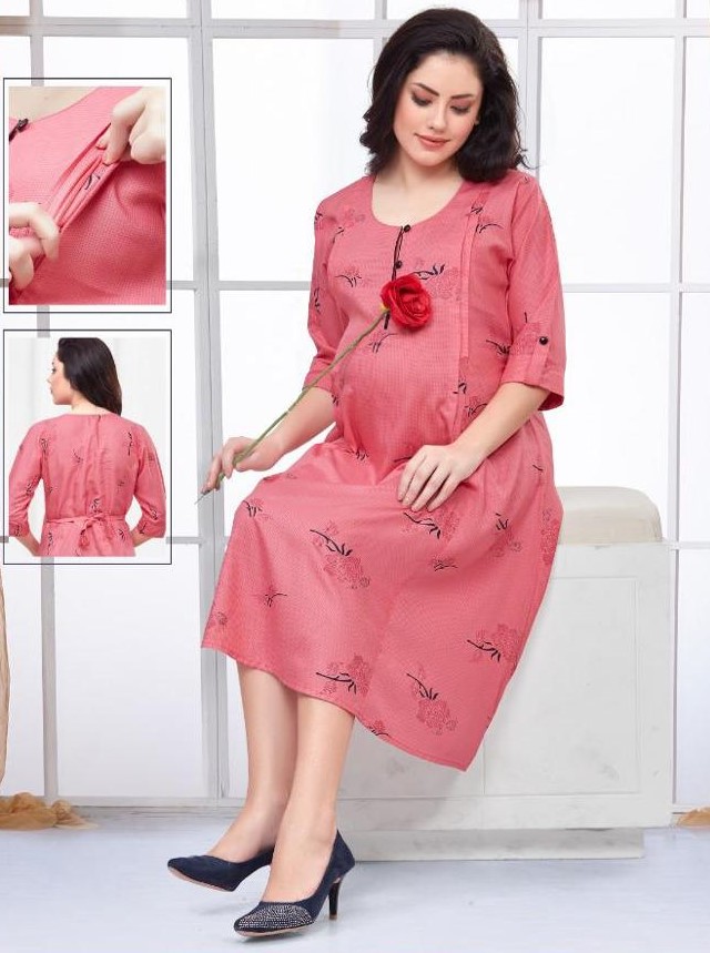 Minelli Women's Printed Maternity/ Feeding/ Nursing Mid Length Gown- Pink Minelli Women's Printed Maternity/ Feeding/ Nursing Mid Length Gown- Pink