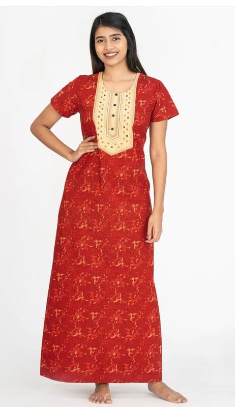 Maybell All Over Floral Abstract Printed With Contrast Yoke Nighty - Red Maybell All Over Floral Abstract Printed With Contrast Yoke Nighty - Red