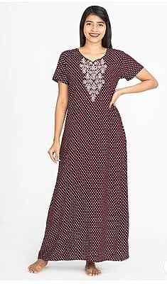 All Over Polka Dot Print With Contrast Floral Embroidered Yoke Nighty - Purple