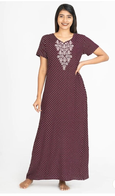 All Over Polka Dot Print With Contrast Floral Embroidered Yoke Nighty - Purple All Over Polka Dot Print With Contrast Floral Embroidered Yoke Nighty - Purple