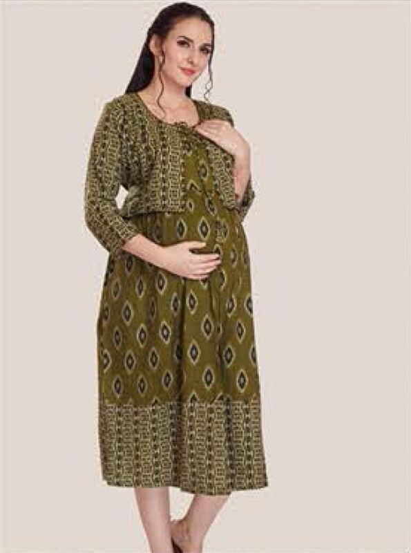Minelli Printed Maternity / Feeding Gown - Olive Green Jacket & 3/4th  Gown-XL