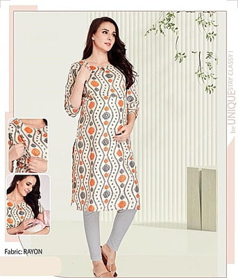 Minelli Maternity & Nursing / Feeding  Kurti with enclosed Zip- Orange & White