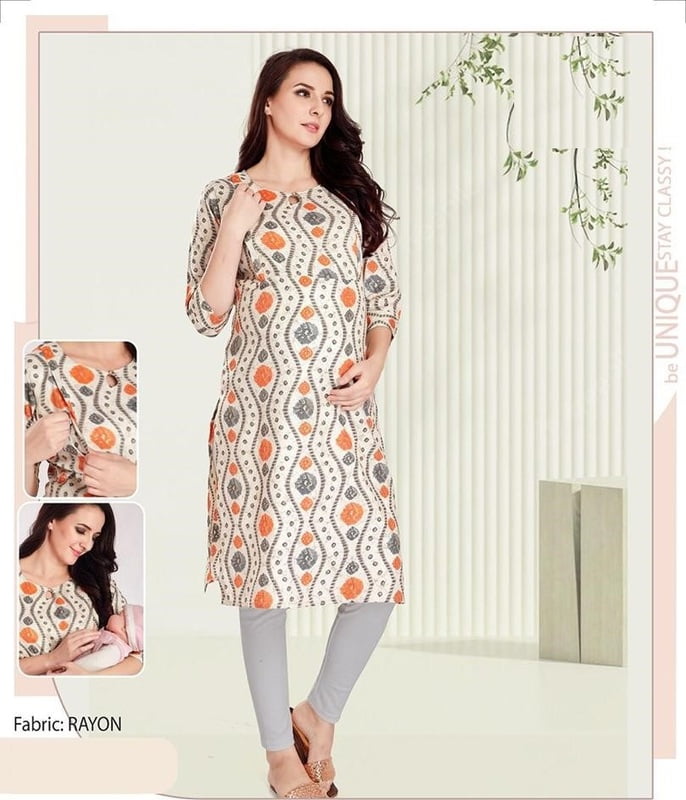 Minelli Maternity & Nursing / Feeding Kurti with enclosed Zip- Orange & White Minelli Maternity & Nursing / Feeding Kurti with enclosed Zip- Orange & White