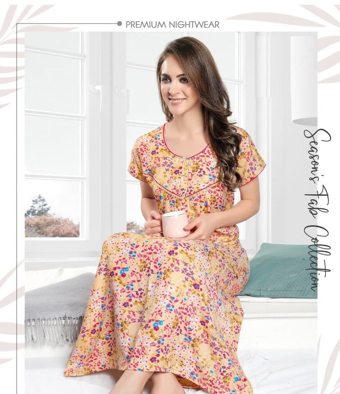 Minelli Full Length Pleat Alpine Cotton Nightdress - Orange & Pink Minelli Full Length Pleat Alpine Cotton Nightdress - Orange & Pink