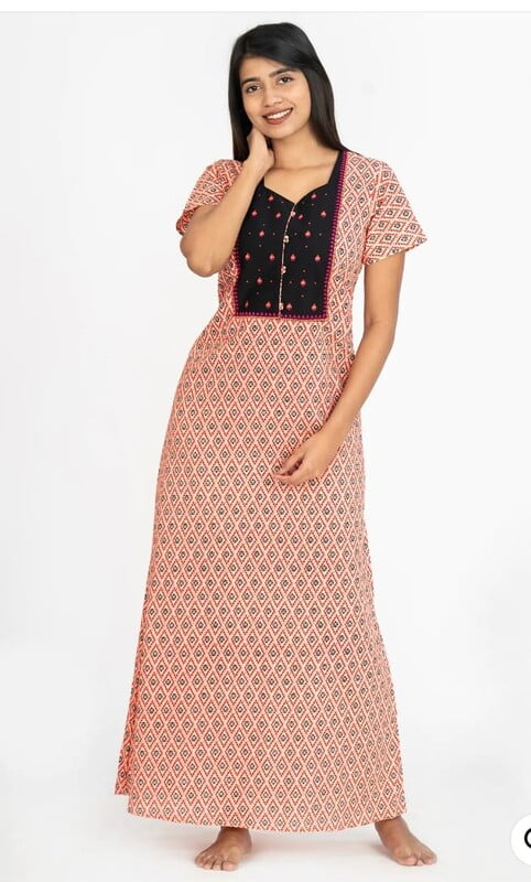 Maybell All Over Geometric Motif Print With Contrast Embroidered Yoke Nighty - Peach Maybell All Over Geometric Motif Print With Contrast Embroidered Yoke Nighty - Peach