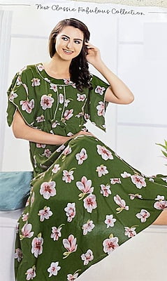 Minelli Womens Printed Semi Ghagra Nighty - Green White Flowers