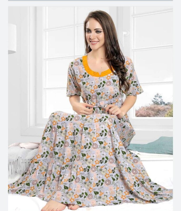 Minelli Womens Printed Ghagra Nighty - Grey with Yellow Minelli Womens Printed Ghagra Nighty - Grey with Yellow