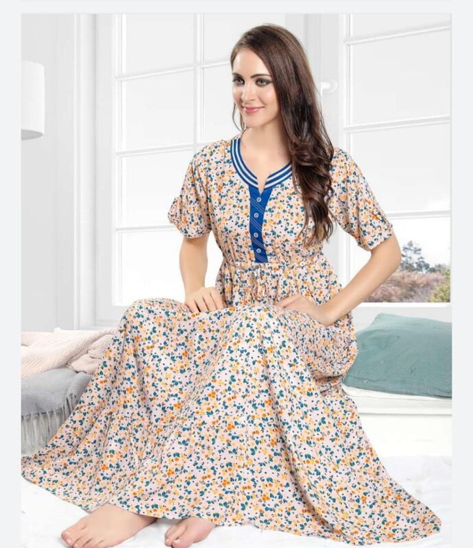 Minelli Womens Printed Ghagra Nighty - Yellow & Blue Minelli Womens Printed Ghagra Nighty - Yellow & Blue