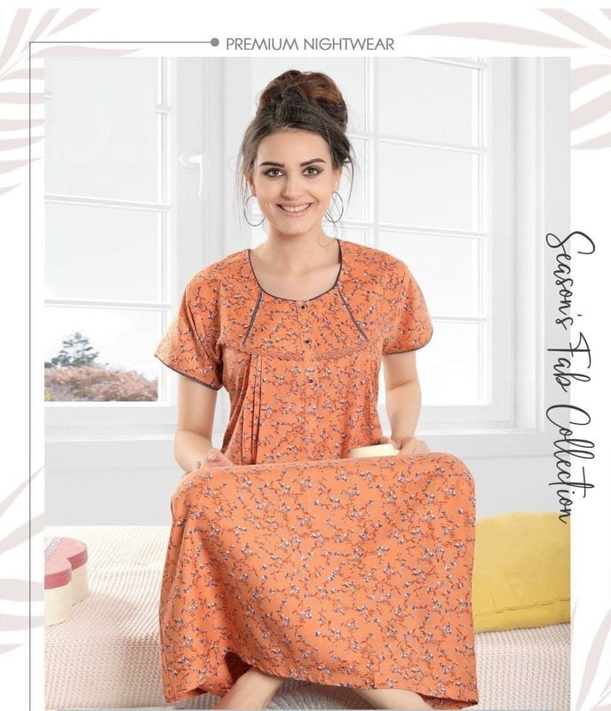 Minelli Full Length Pleat Alpine Cotton Nightdress - Orange Pattern Minelli Full Length Pleat Alpine Cotton Nightdress - Orange Pattern