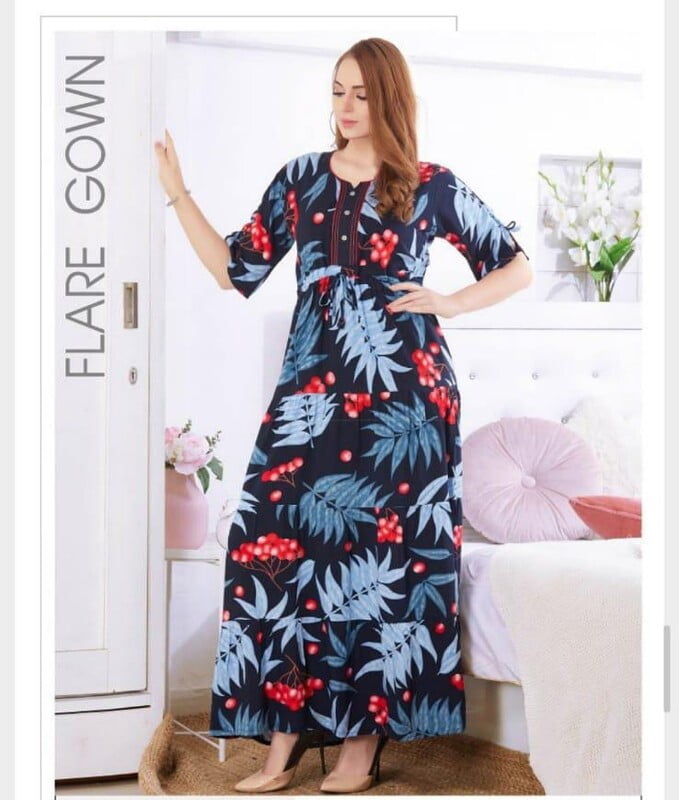Minelli Womens Printed Flare Rayon Ghagra Nighty - 8135A Minelli Womens Printed Flare Rayon Ghagra Nighty - 8135A