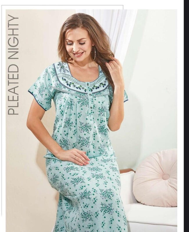 Minelli Full Length Pleat Bizzy Lizzy Cotton Nightdress - Green