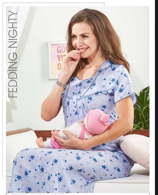 Minelli Printed Maternity / Feeding Full Length Bizzy Lizzy Cotton Nighty - Light Blue Minelli Printed Maternity / Feeding Full Length Bizzy Lizzy Cotton Nighty - Light Blue