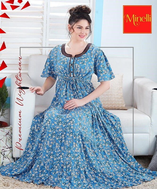 Minelli Womens Printed Ghagra Nighty - Blue Flowers Minelli Womens Printed Ghagra Nighty - Blue Flowers