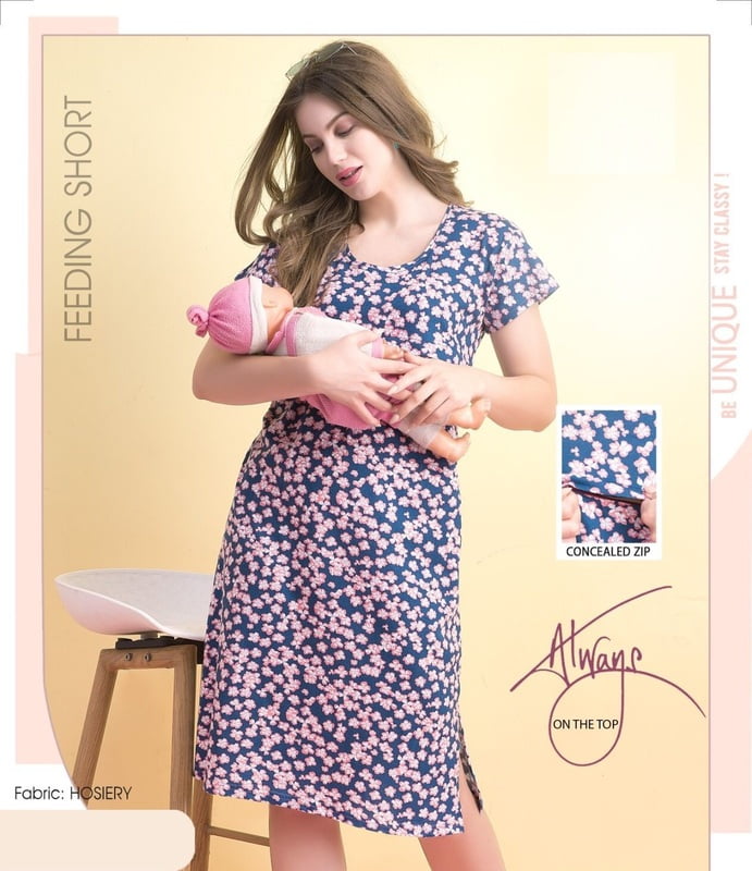 Minelli Printed Maternity / Feeding Short Length Hosiery Nighty - 8910 Minelli Printed Maternity / Feeding Short Length Hosiery Nighty - 8910