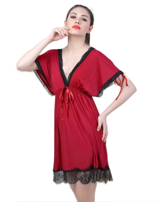 Lace N Mesh Babydoll with matching Thong - Maroon & Black Lace N Mesh Babydoll with matching Thong - Maroon & Black