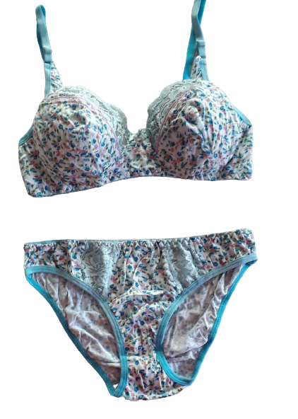 Lady Love Printed Lilly Set Bra & Panty Bridal Set-White With Blue